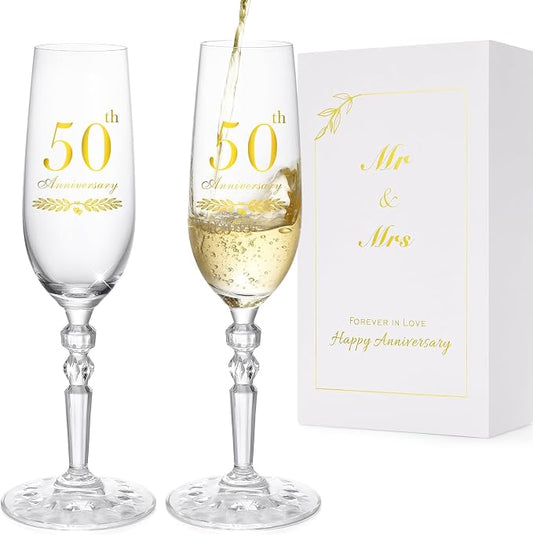 50th Anniversary Decorations Gifts for Couple, Classical Style 50th Wedding Anniversary Champagne Flutes Glasses, Crystal Champagne Glasses Set of 2, Gifts for Parents