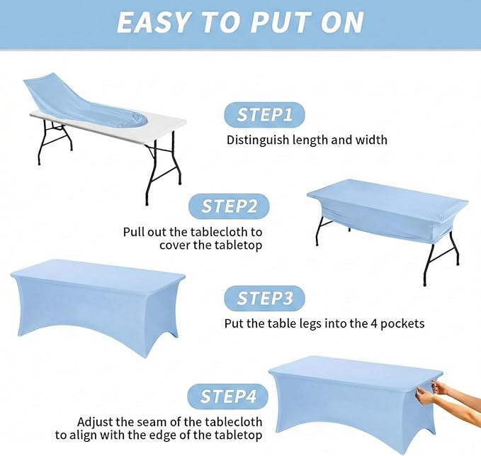 Fixwal 3 Pack Light Blue Tablecloth Rectangle 6Ft, Stretch Spandex Fitted Table Cover for Party, Trade Show, Wedding, Buffet, Graduation, Vendor Stand