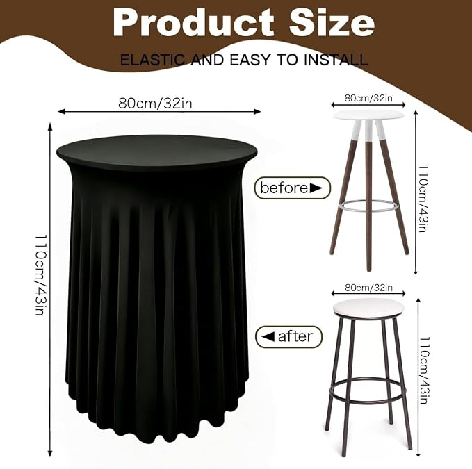6 Pack Round Spandex Cocktail Table Tablecloth with Skirts, 32 x 43 Inch Black Spandex High Top Cocktail Table Covers, Stretch Fitted Round Cocktail Tablecloths for High Top Bar Party Wedding Banquet