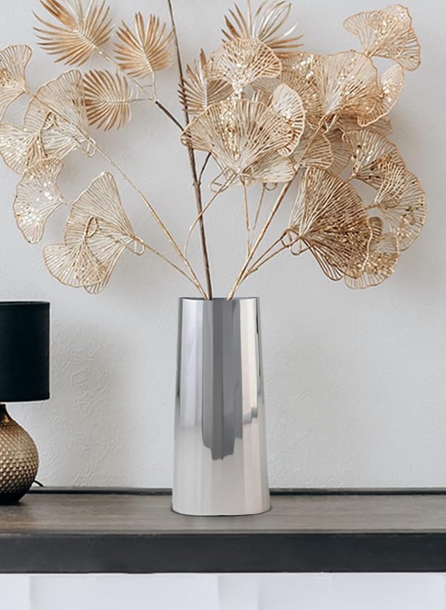 Serene Spaces Living Large Silver Cylinder Metal Vase, Elegant Flower Vase for Wedding, Anniversary, Home Decor, Table Centerpiece for Coffee Table, Dining Table, Countertop, 4.25" Dia & 9" Tall
