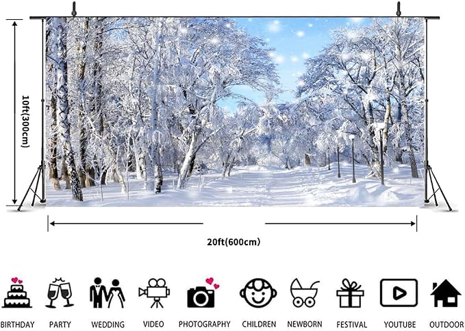 Winter Forest Backdrop 20x10ft Winter Wonderland Scene | Photography Background White Snow Snowflake Christmas Party Holiday Photo Merry Xmas Happy Party Banner Decor Supplies