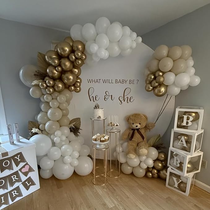 White Sand Gold Balloons Arch Double Stuffed, Cream Nude Beige Metallic Gold Balloons Garland, White Neutral Latex Balloon for Boho Baby Shower Birthday Anniversary Graduation Communion Party Decor