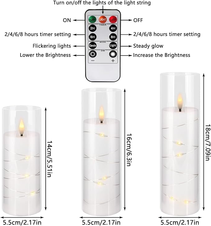 12 Pack Acrylic Flameless Candles,with Embedded Star String, Battery Operated Candles Flickering LED Pillar Candles with Remote Control and Timer, Ideal for Indoor/Outdoor Decor,Wedding,BBQ and Gift.