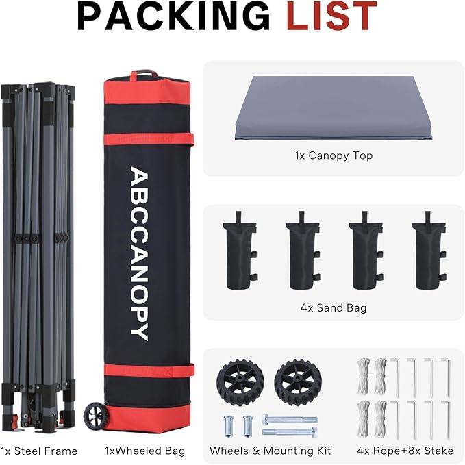 ABCCANOPY 8x8 Pop Up Canopy Tent, Easy Setup Instant Shelter with Wheeled Bag, Heavy Duty Outdoor Canopy for Beach, Market, Backyard, UV Protection, Outdoor Weather Protection (Light Gray, 8x8)