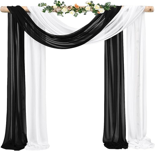 Wedding Arch Draping Fabric, 2 Panels 28" x 20ft Black and White Drapes for Ceremony, Chiffon Fabric Arbor Drapery Decorations for Reception, Sheer Backdrop Curtains