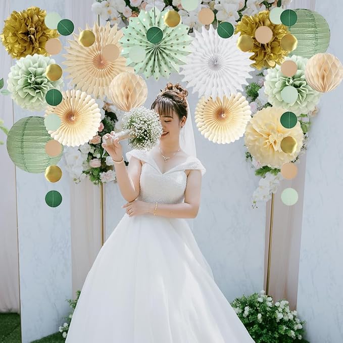 Sage Green Party Decorations Sage Green and Gold Party Decorations Paper Pom Poms Paper Fans Lanterns for Birthday Baby Shower Wedding Bridal Shower Party Decor