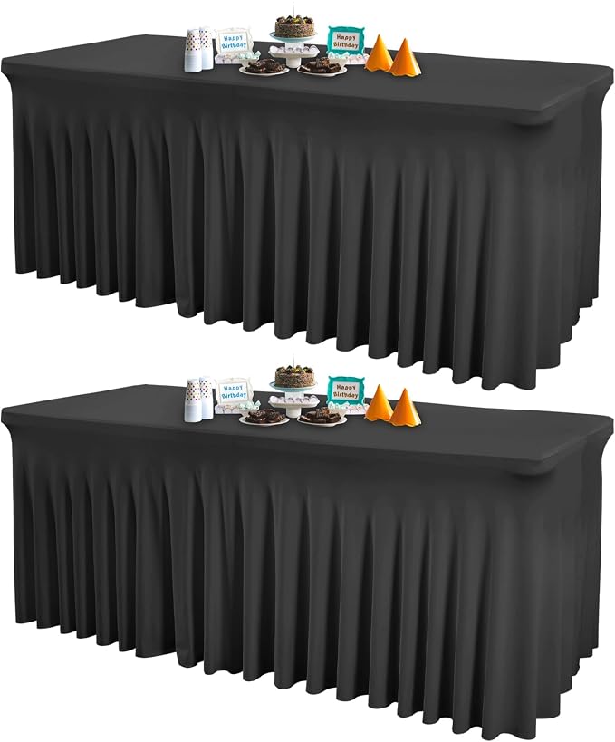 2 Packs Black Table Clothes for 4 Foot Rectangle Tables, Wrinkle Resistant Stretch Spandex Table Covers Fitted Tablecloth with Skirt for Event Banquet Wedding Birthday Party