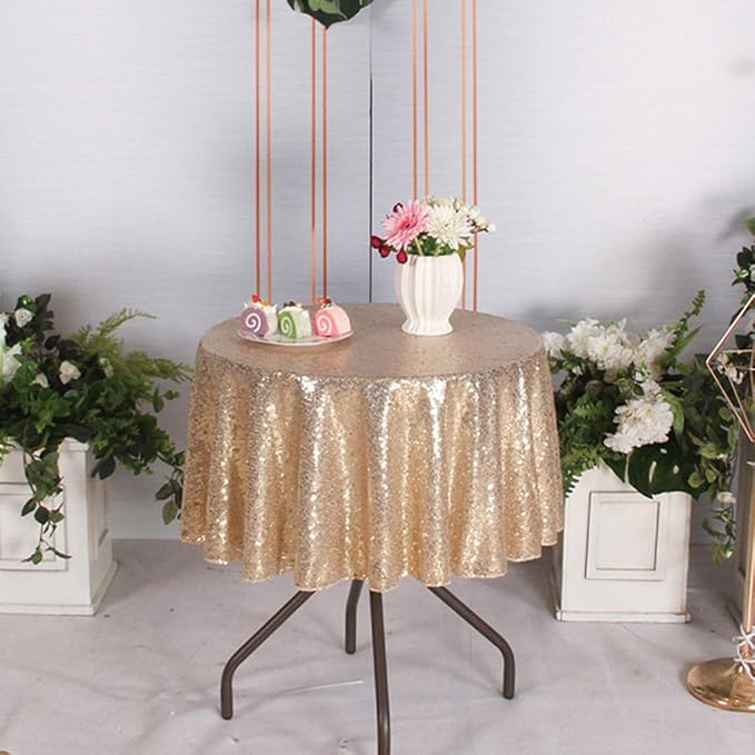 Juya Delight 50'' Round Sequin Tablecloth Light Gold Table Cover for Birthday Wedding Party Table Decoration