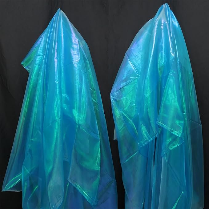 Sky Blue Iridescent Organza Fabric for Wedding & Halloween, 11 Yard Long, 59-Inch Wide, Perfect for DIY, Photography Scene Arrangement, and Personalized Clothing Production