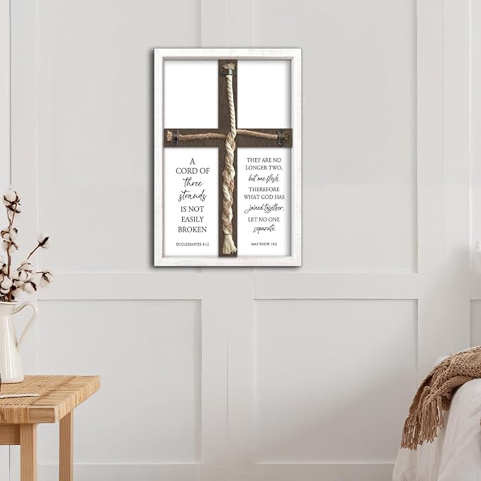 A Cord of Three Strands Wedding Unity Cross Sign Braided Rope Ceremony Art | 15x10 Inch Rustic Farmhouse White Wood Framed, Christian Marriage Prayer Wall Decor for Couples, Anniversaries & Prayer Rooms