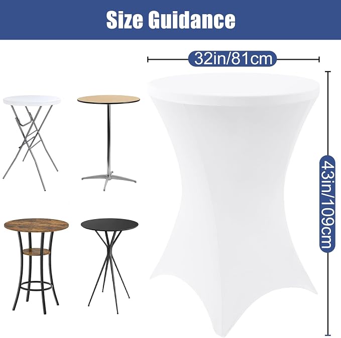 Moosfor Spandex Cocktail Table Covers 2 Pack, Elastic Fitted Stretch Table Cloth, Round High Top Tablecloths for Bar, Party, Pub, Wedding & Banquet (White, 32x43 Inch)