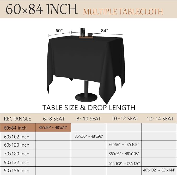 60x84 Table Cloth - 6 Pack Rectangular Black Washable Stain and Wrinkle Resistant Polyester Table Cover for Dining Tables, Various Parties and Camping (Black)