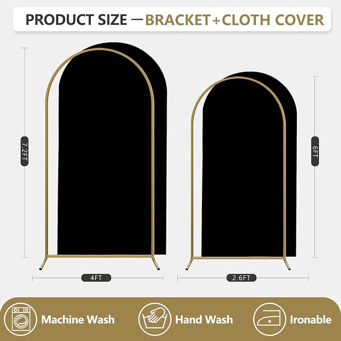 Arch Backdrop Stand and Cover Set, 3 Metal Balloon Arch Backdrop 7.2ft 6ft, Gold Arched Stand Frame for Wedding, Parties,Birthday, Backdrop Decorations (Black,7.2ft+6ft)