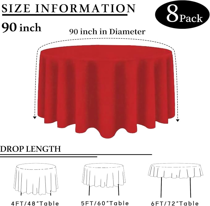 8 Packs 90 Inch Red Round Tablecloth in Diameter, Washable Polyester Fabric Tablecloths, Wrinkle Resistant Table Cloth for Wedding Party Banquet Dining