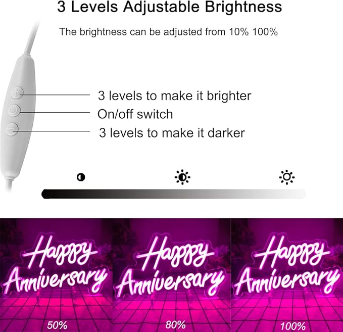 Happy Anniversary Neon Sign - Wedding Birthday Party Decoration Neon Light for Bedroom,Living,Home Bar Valentine's Day Anniversary Decor Gift (pink)