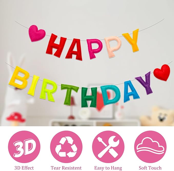 Colorful Pre-Strung 3D Happy Birthday Banner with Heart, Reusable Happy Felt Garland, Rainbow Party Decorations, Personalized Birthday Sign for Girls Boys Womens Mens