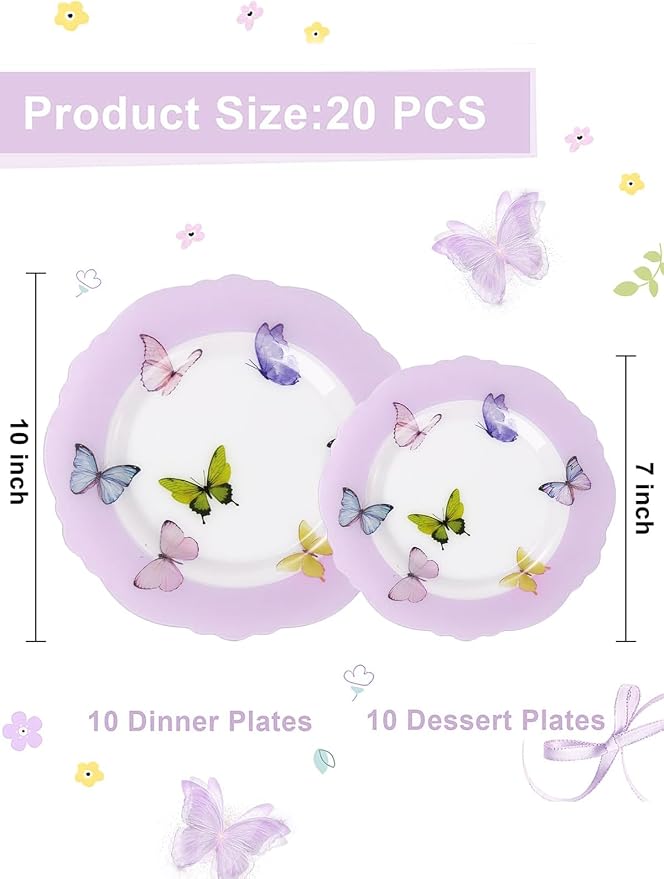 WDF 20PCS Purple Butterfly Plates - Baroque Spring Plates Disposable - Butterfly Party Decorations for Birthdays/Tea Party/Bridal Shower/Mother's Day