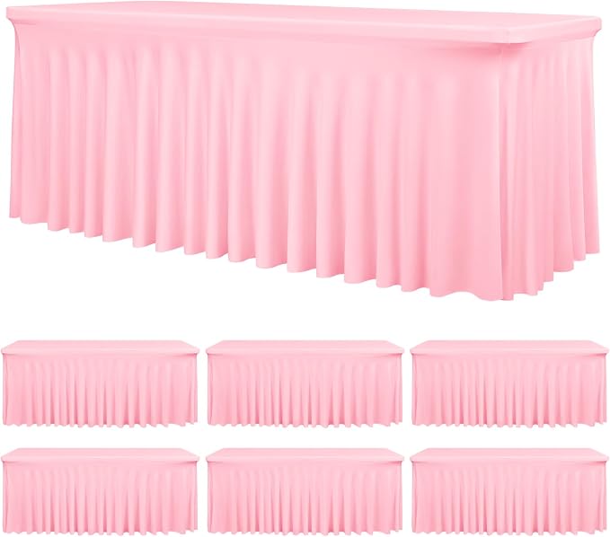 fani 6 Packs Pink Stretch Table Skirts for 6 Foot Rectangle Table, Washable Spandex Stretch Tablecloths with Skirt, Wrinkle Resistant Fitted Tablecover for Wedding Party Banquet