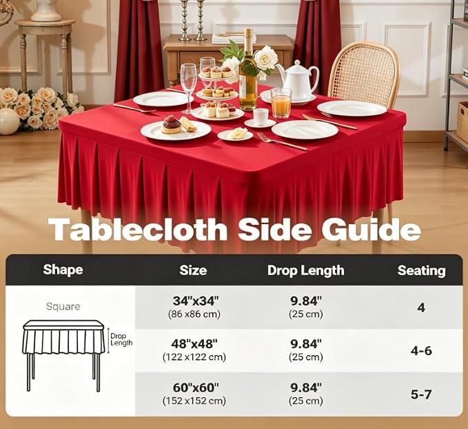 Shillance 48x48 Inch Red Spandex Square Tablecloth, Wrinkle Free Red Fitted Table Cloth for Square Tables,Washable Pleated Table Cover for Wedding Birthday Cocktail Party Buffet Dinner Camping