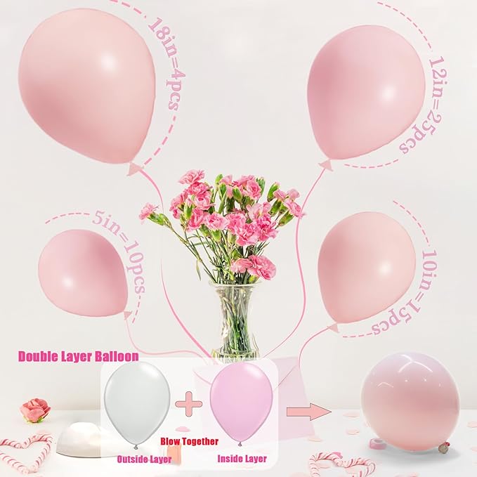Nude Pink Balloons Different Sizes 18/12/10/5 Inch, Double Stuffed Pink Balloon Arch, Light Pinks Balloon Garland for Boho Party, Baby Shower, Birthday, Weddings(Nude Pinks)
