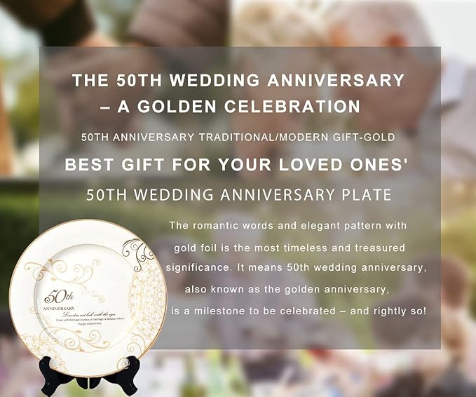 Urllinz 50th Anniversary Wedding Gifts for Couples Parents Grandparents- Golden Wedding Anniversary Keepsake Gift, 50 Year Marriage Plate with Stand, Ceramic with 24k Gold Foil, 9 inch