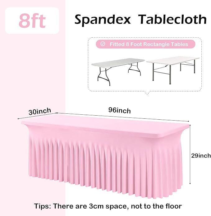 2 pk Baby Pink Spandex Tablecloth 8ft With Ruffled Table Skirt, Wrinkle Free Stretchy Fitted Tablecloths for 8 Foot Rectangle Tables, Elastic Spandex Table Covers for Weddings Parties Banquet