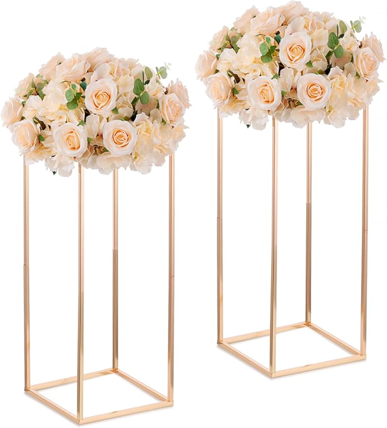 Gold Tall Stand for Wedding: 23.6in, With Metal Panel, Packs of 2 | Columnar Cube Shape, Easy to Assembly, Flowers Cakes Drinks Display Table Centerpieces for Wedding Party Event