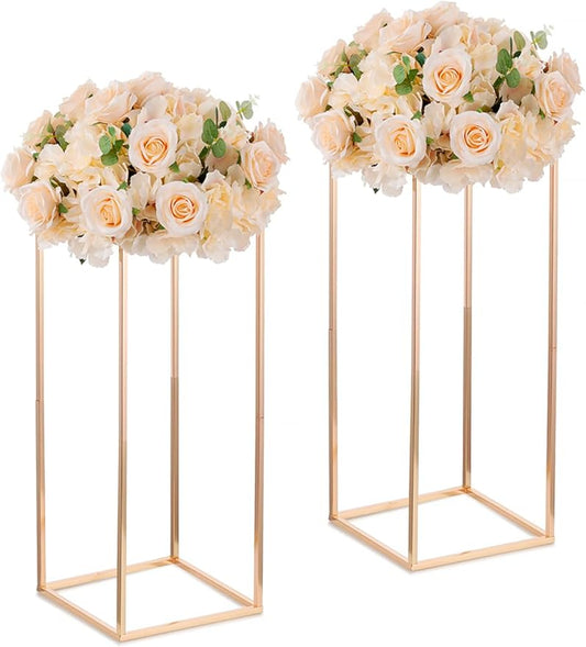 Gold Tall Stand for Wedding: 23.6in, With Metal Panel, Packs of 2 | Columnar Cube Shape, Easy to Assembly, Flowers Cakes Drinks Display Table Centerpieces for Wedding Party Event