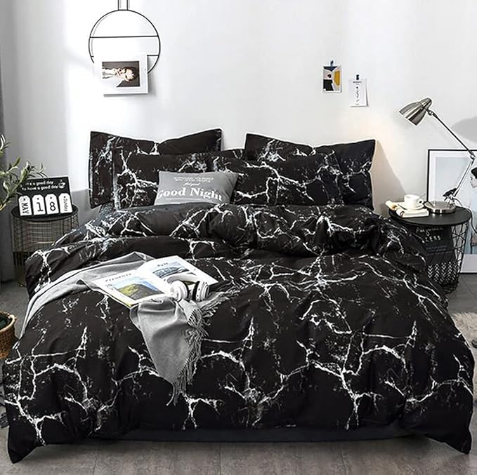 KAREVER Black Marble Comforter Set Cal King Black Bedding Set Women Soft Lightweight Comforter Men Durable Breathable Bed Comforter Set Cal King