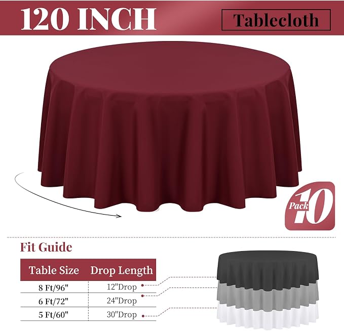 10 Pack 120 Inch Round Tablecloth, Burgundy Polyester Fabric Table Cloth for Round Table, Stain and Wrinkle Washable Table Cover for Wedding Party Dining Table Buffet Banquet Restaurant and Camping