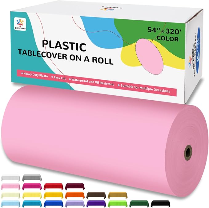 54IN X 320FT Plastic Table Cover Roll with Cutter Box, Cut to Size Plastic Table Cloths for Parties, Birthday, Disposable Tablecloth Roll for All Shape Tables (Pink, 54 Inch X 320 Feet)