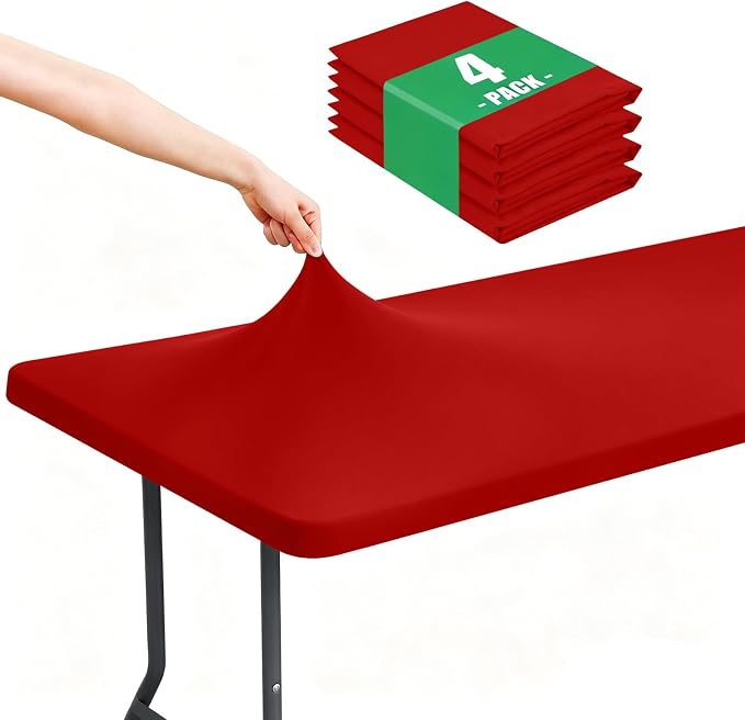 Moosfor Spandex 8 Foot Rectangle Table Cloth 4 Pack, Elastic Fitted Tablecloths for Picnic, Stretch Washable Patio Table Cover for Outdoor, Camping, Banquet and Parties (Red, 30"x96")