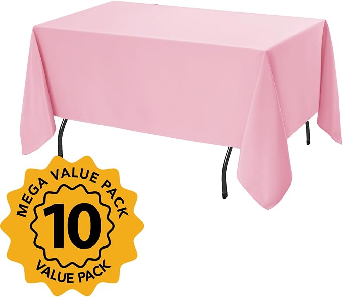 10-Pack Pink Tablecloths for Rectangle Tables, 70 x 120 Inches, Stain-Resistant Polyester Fabric for 6 Foot Tables - Washable Table Covers for Weddings, Banquets, Birthday Parties, Events