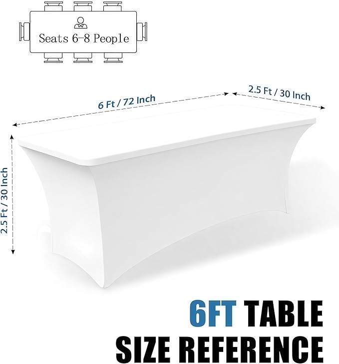 6FT White Table Cloth - 2 Pack Fitted Stretch Rectangle Spandex Tablecloth, Washable Table Cover for Party, Picnic, Wedding, Banquet, Birthday and Festival(30" x 72")