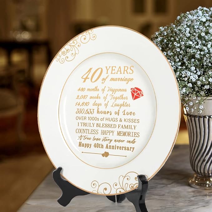 Urllinz 40th Anniversary Wedding Gifts for Wife - 40 Year Anniversaty Plate with 24k Gold Foil, Happy Decorations for Couple Parents Him Her Husband, Ceramic 9"