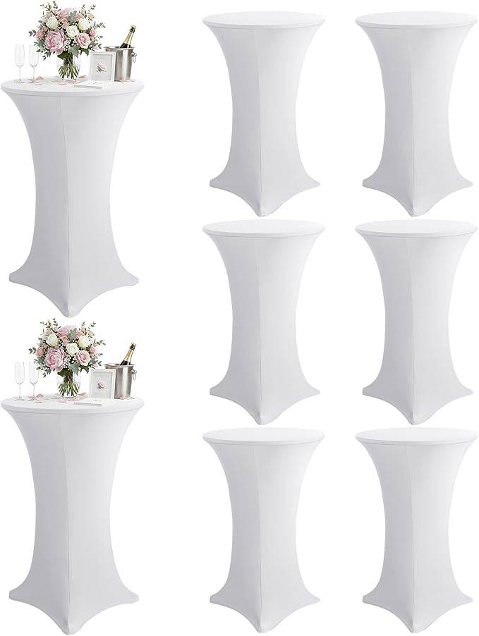 KeyWave Cocktail High Top Table Covers - 28x43 Inch Fitted Spandex Round Cocktail Tablecloth for Bar Height Standing Table Cloths Reusable, for Party Bistro Wedding Event Decorations, White, 8 Pack