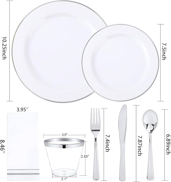 SUT 350 Piece Silver and White Plastic Dinnerware Set for 50 Guests, Disposable Plastic Plates, Include: 50 Dinner Plates, 50 Dessert Plates, 50 Pre Rolled Napkins with Silver Silverware, 50 Cups