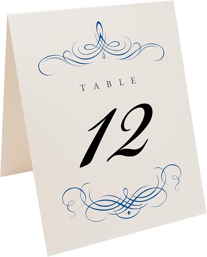 Decadent Flourish Wedding Table Numbers (Select Color/Quantity), Champagne, Royal Blue, 1-110, Double Sided, Tent or Use in a Stand, Great for Parties & Restaurants