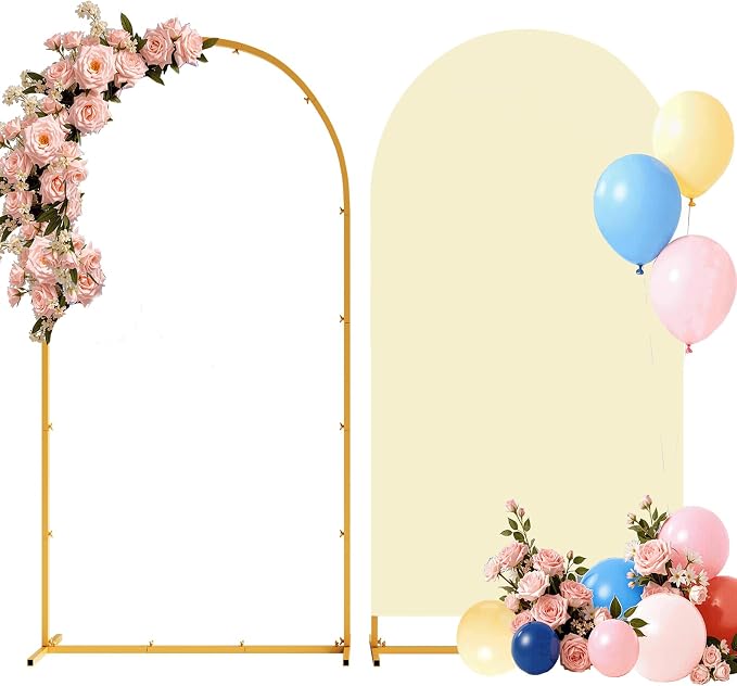 7.2FT Metal Arch Backdrop Stand and Cover Set, Gold Arch Stand with Cover, Easy to Assemble, Pretty Wedding Arch for Birthday Party, Wedding Ceremony and Baby Shower