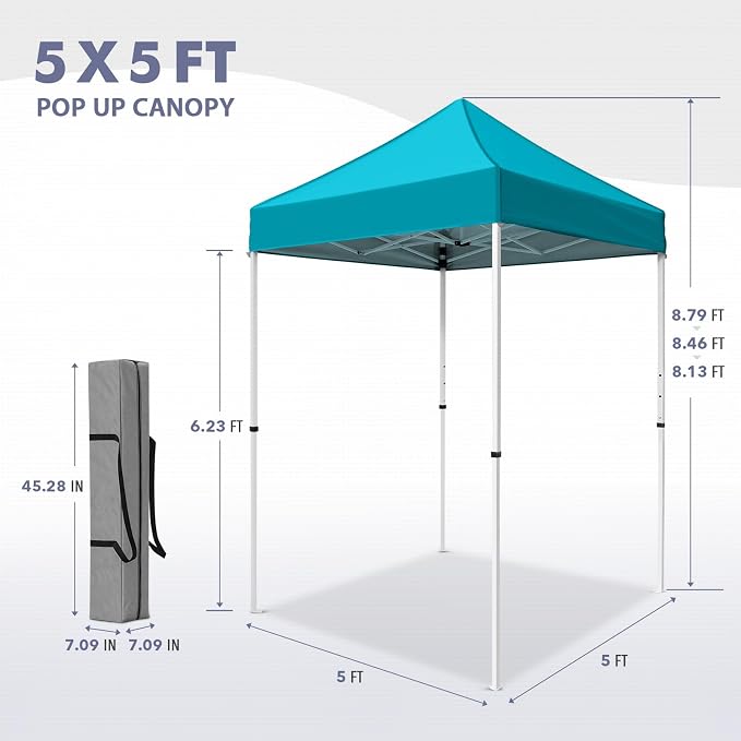 5x5 Pop Up Canopy Tent, Instant Portable Beach Canopy, Outdoor Tent with Carry Bag for Camping, Sports, Tailgating, Events, Turquoise