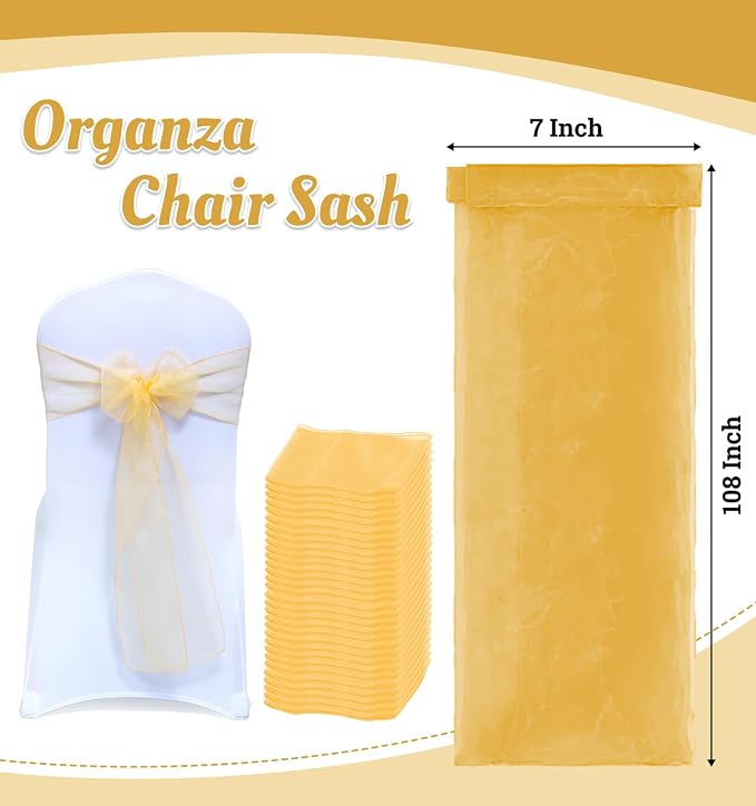 MDS® Pack of 10 Organza Chair Sashes for Wedding Decoration, Reusable Sheer Chair Bows for Banquet Chair Cover, Reception, Bridal Shower, Baby Shower, Birthday Party & Special Events - Gold