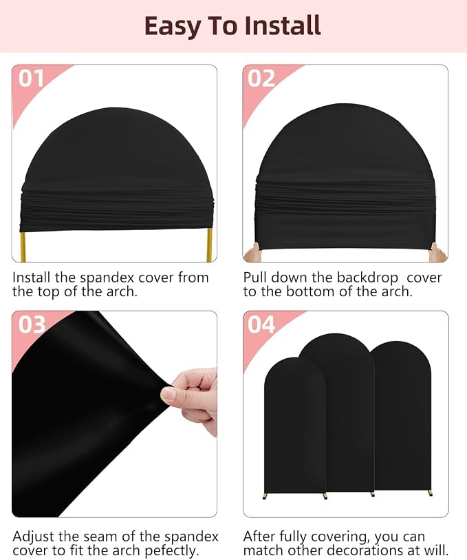 Hemmotop Black Arch Backdrop Cover, Set of 3 (7.2/6.6/6 ft) Wedding Arched Stand Cover, Spandex Arch Covers Stretchy Backdrop for Birthday Party, Baby Shower, Graduation, Decoration, 3 Pieces
