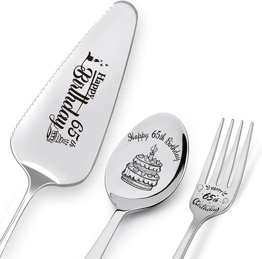 Happy 65th Birthday Personalized Laser-Engraved Stainless Steel Birthday Party Utensil Set - Cake Server, Spoon, and Fork for Mother Father Husband Wife Grandmother Grandfather
