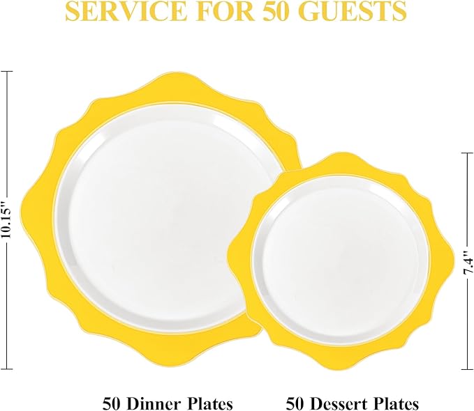 realluck 100 PCS White and Yellow Disposable Plates for 50 Guests, Scalloped Plastic Plates Include 50 Dinner Plates and 50 Dessert Plates for Party, Wedding