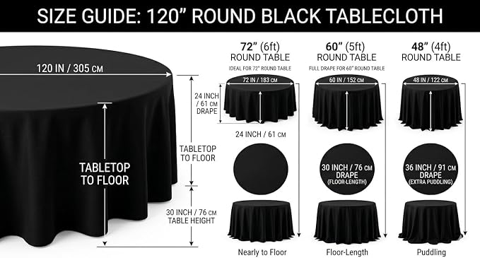 8 Pack 120 Inch Black Round Tablecloth, Stain & Wrinkle Resistant Washable Reusable Polyester Fabric Table Covers for Wedding, Party, Buffet, Banquet, Dining