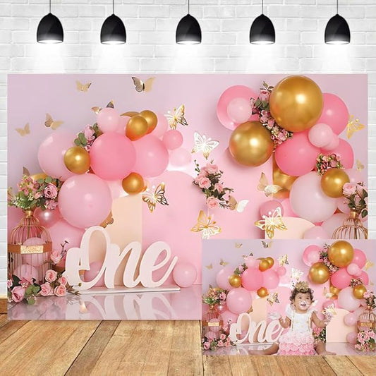 9x6ft First Birthday Backdrop for Girl Pink and Gold Butterfly Balloons 3D Photography Background Girl's 1st Birthday Party Decorations Newborn Baby Shower Cake Table Photo Booth Banner Props
