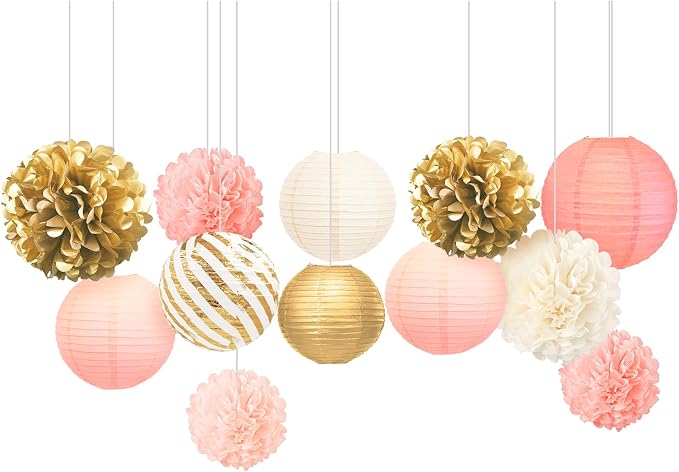AOBKIAT Birthday Party Decorations Set for Girls Women,12PCS Pink Gold Tissue Paper Pom Poms Lanterns Flowers,for Engagement,Wedding,Baby Shower,Bridal Shower,Girl Party