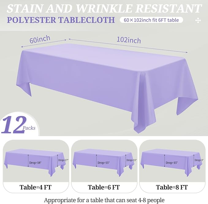 12 Pack Lavender Tablecloths for Rectangle Tables 60 x 102 Inch Polyester Tablecloth 6 Foot Rectangle Table Cloth Wrinkle Resistant Washable Fabric Table Cover for Party Wedding Banquet Events