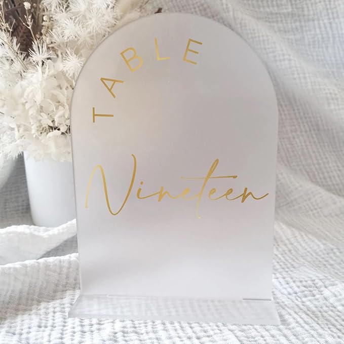 JINMURY Frosted Arch Wedding Table Numbers 1-30 with Stands, 5x7 Inch Acrylic Arch Sign with Golden Lettering, Frosted and Gold Table Numbers for Wedding Reception