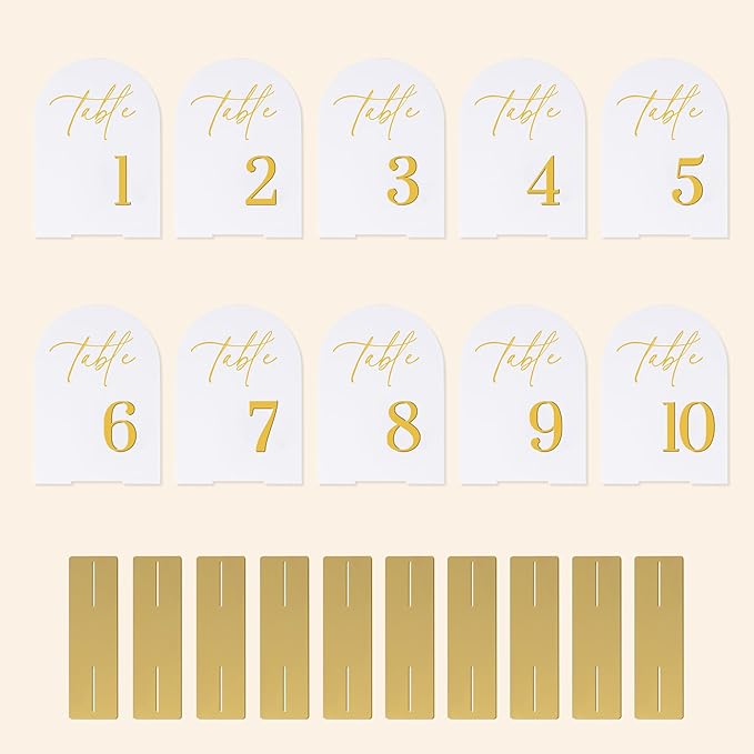 Wedding Table Numbers 1-10 with Holders,5x7 inch Arch Acrylic Table Numbers Signs with Gold Foil Embossed for Wedding Reception, Anniversary, Birthday,Party and Events Decor